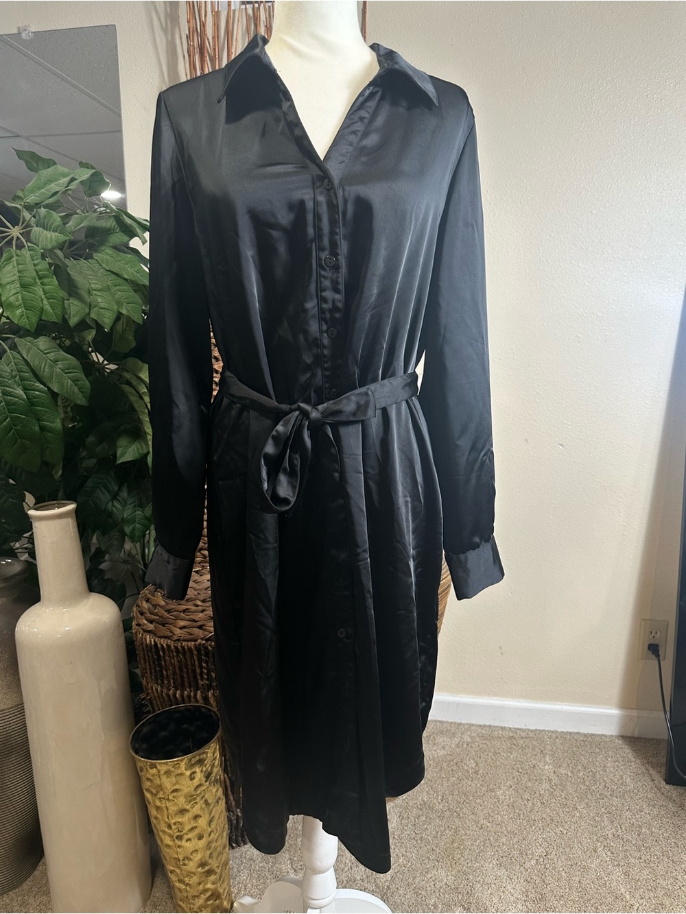 Rachel Zoe Black Satin Shirt Dress with Self Tie